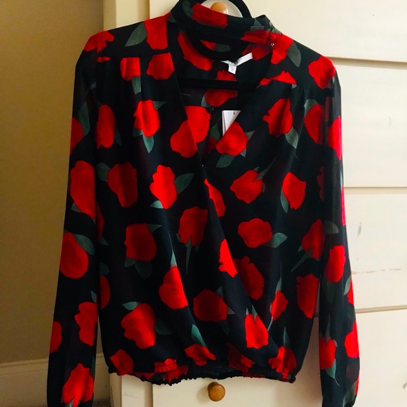 Guess Long Sleeve Floral Blouse Mock neck Choker Top NWT - Picture 4 of 6